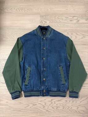 BDG Blue Denim Bomber Jacket with Green Sleeves